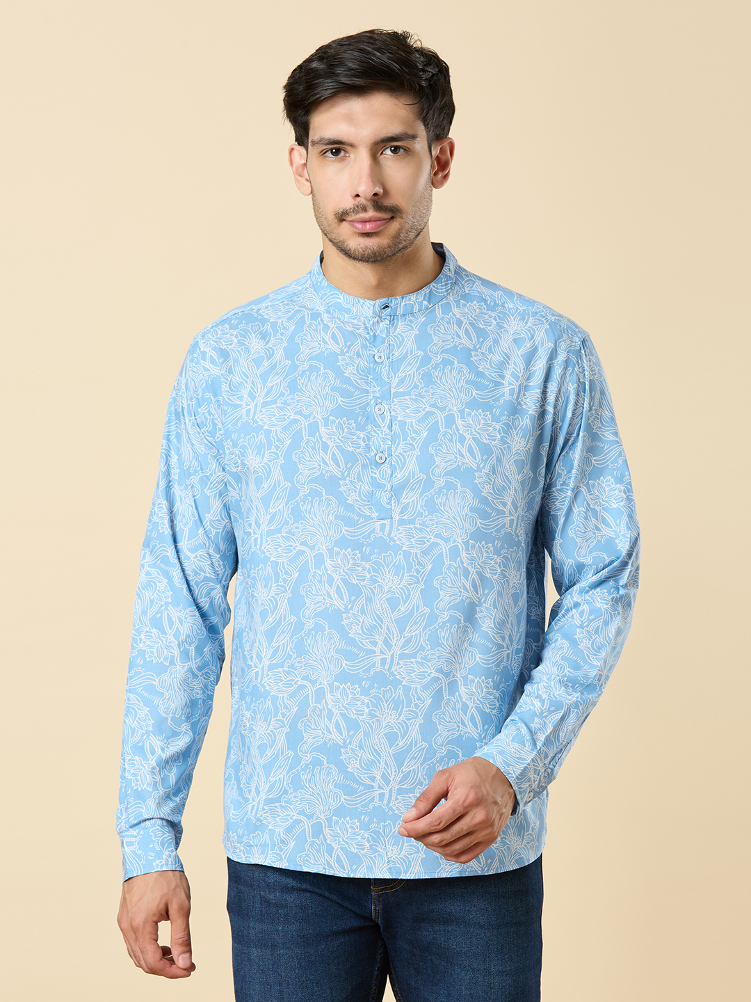 Men's Ocean Blue Cotton With White Floral Print Classic Short Kurta Shirt ( Regular Fit)