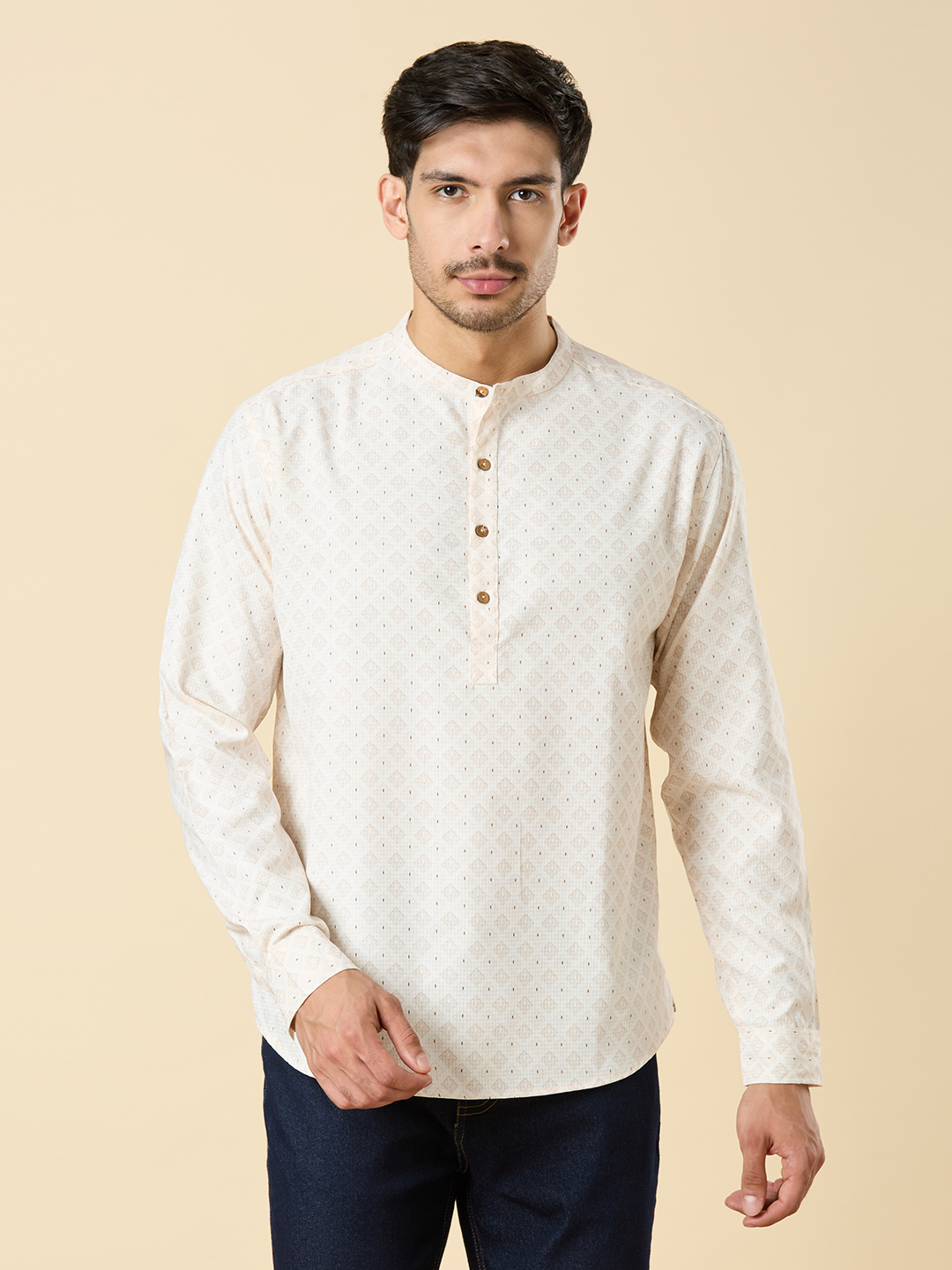 Men's Pastel Peach Cotton Self Print Classic Short Kurta Shirt ( Regular Fit)