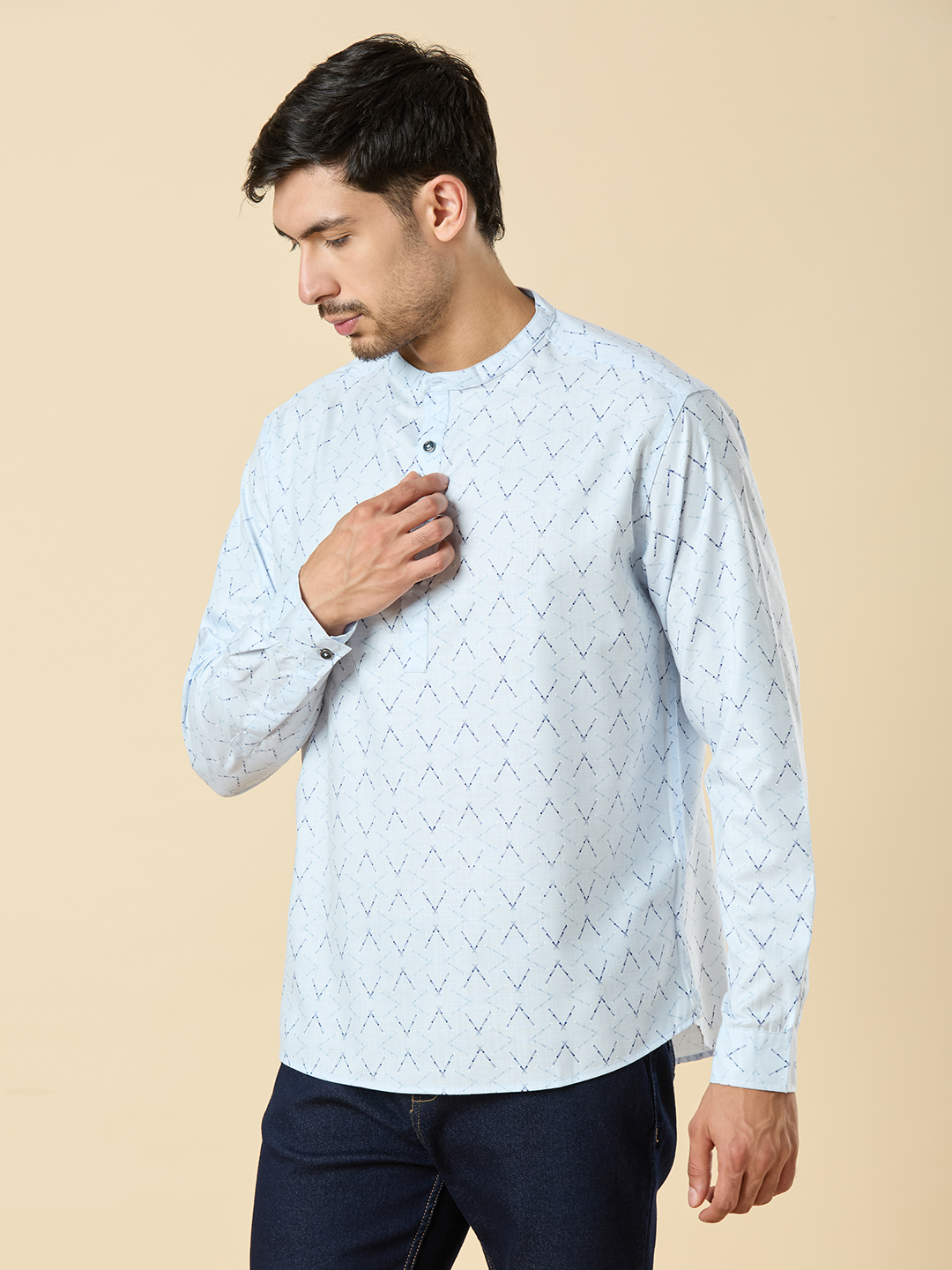 Men's Powder Blue Cotton Printed Classic Short Kurta Shirt ( Regular Fit)
