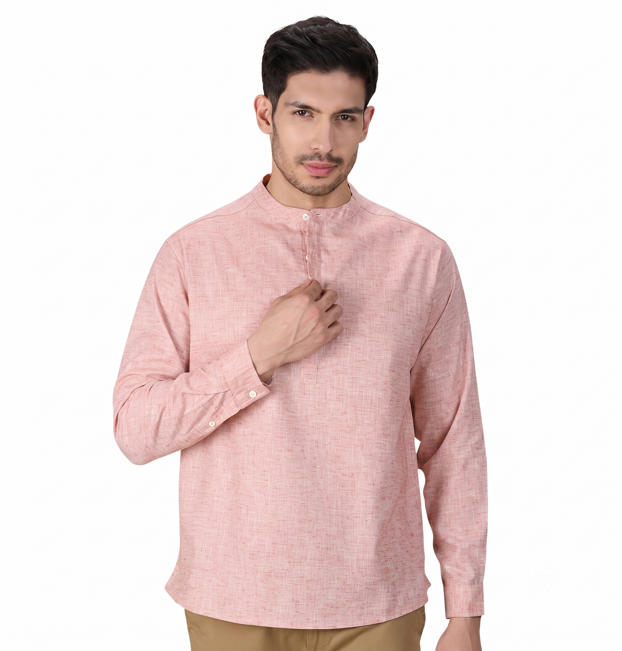 Studio Shringaar Men's Peach Cotton Linen Blend Two-Tone Classic Short Kurta Shirt