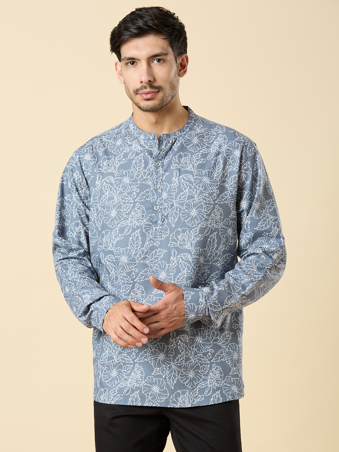 Men's Steel Grey Cotton With Hawiian Floral Print Classic Short Kurta Shirt ( Regular Fit)