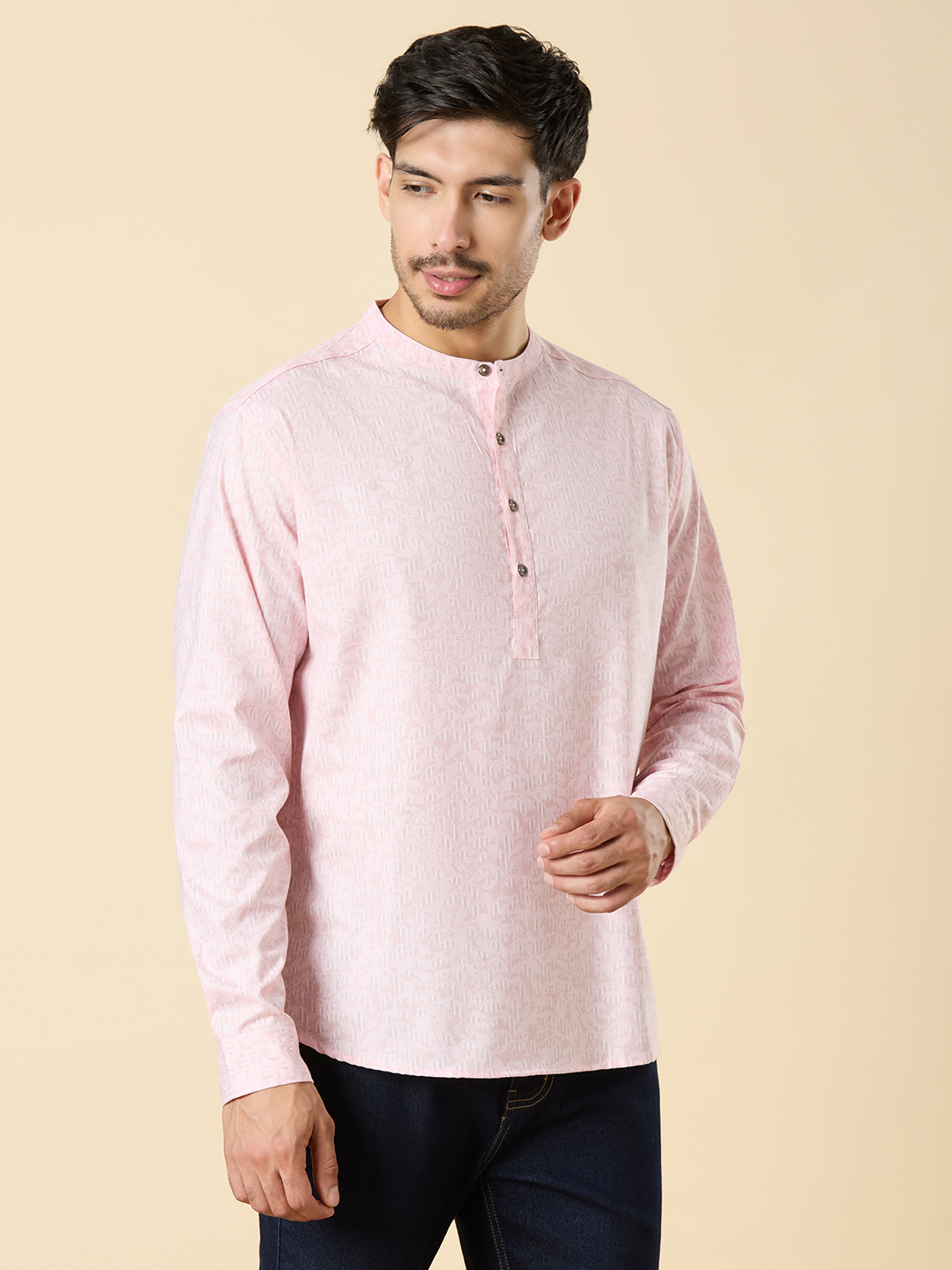 Men's Pastel Pink Cotton Printed Classic Short Kurta Shirt ( Regular Fit)