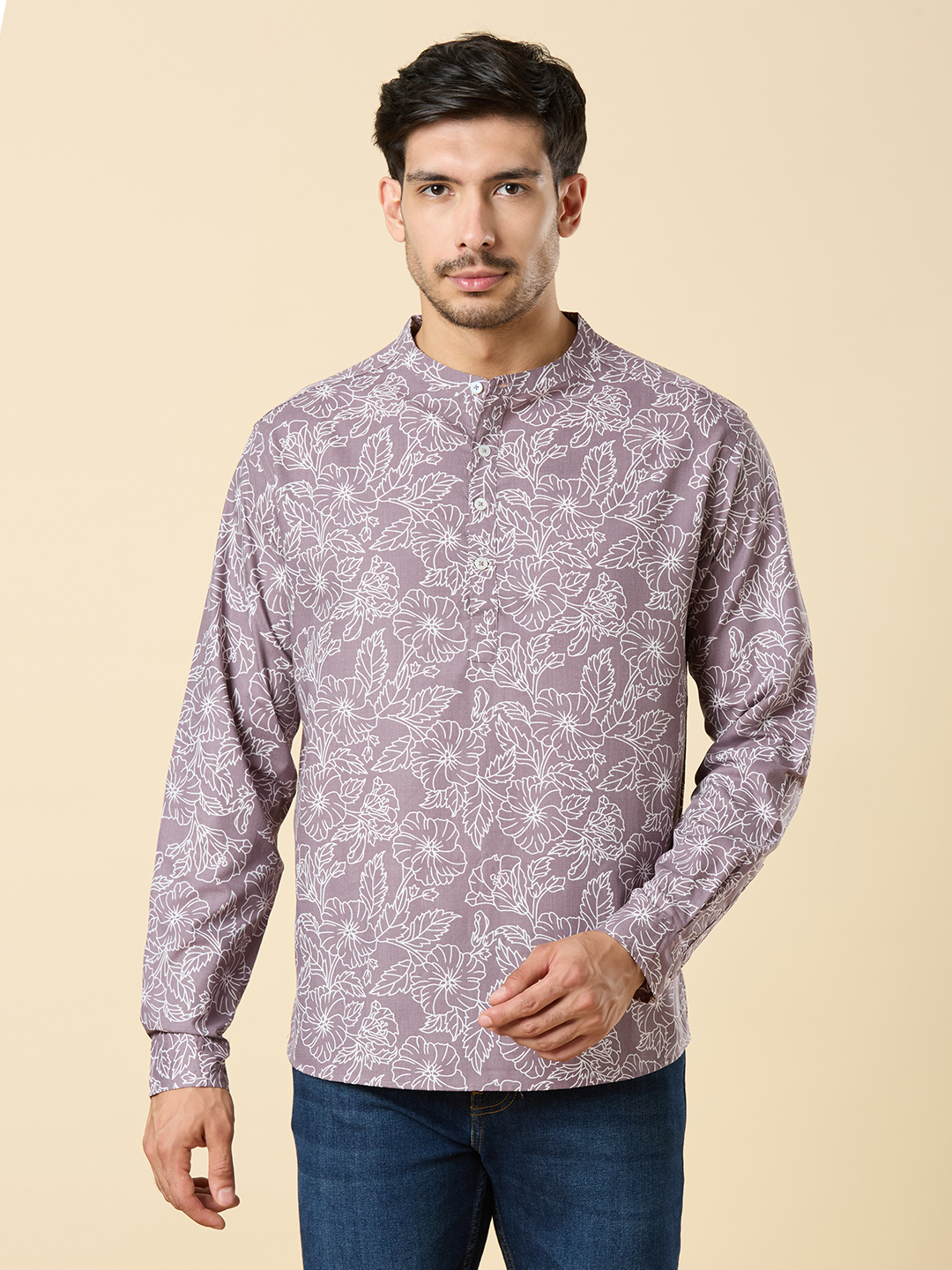 Men's Champagne Colour Cotton With White Floral Print Classic Short Kurta Shirt ( Regular Fit)