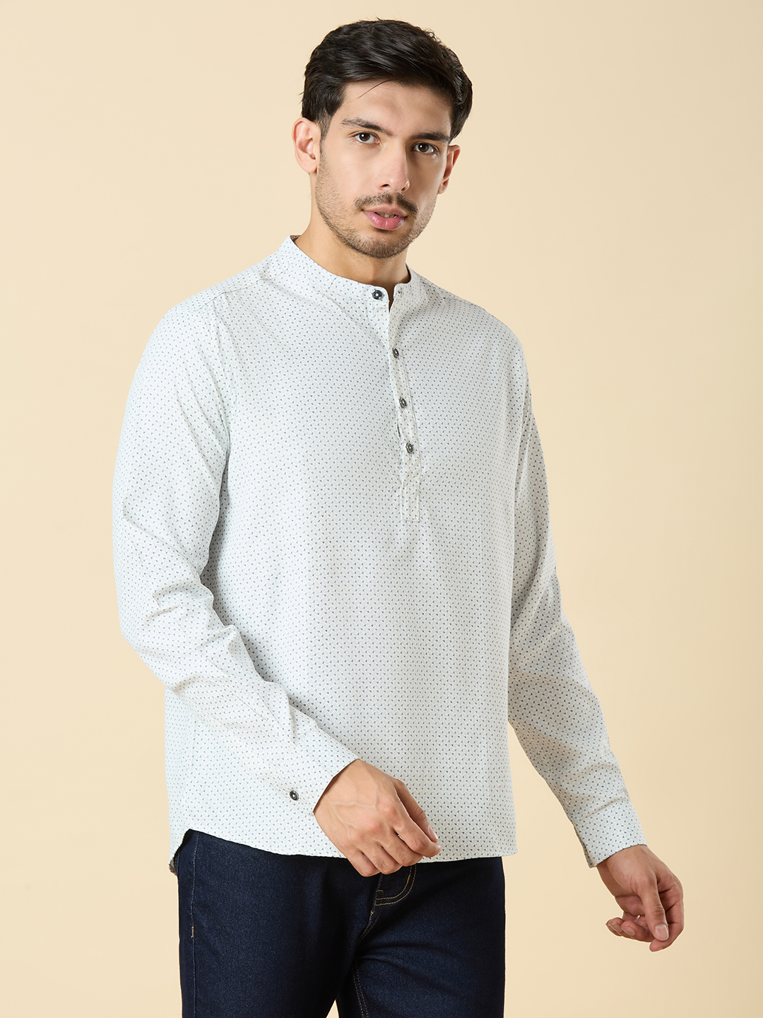 Men's Ivory White Cotton With Navy Blue Print Classic Short Kurta Shirt ( Regular Fit)