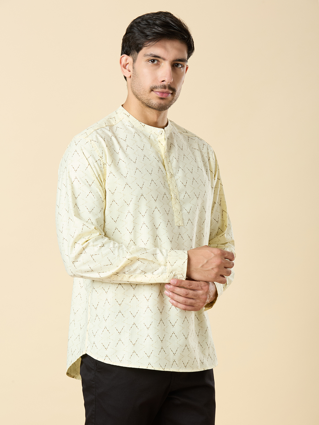 Studio Shringaar Men's Butter Cream Cotton Printed Classic Short Kurta Shirt ( Regular Fit)