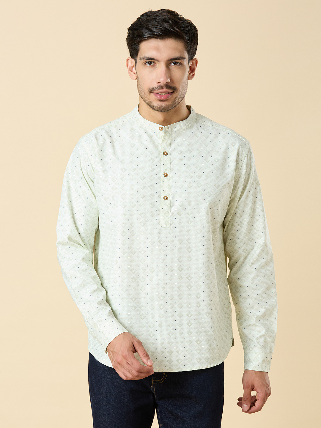 Men's Mint Green Cotton Self Print Classic Short Kurta Shirt ( Regular Fit)