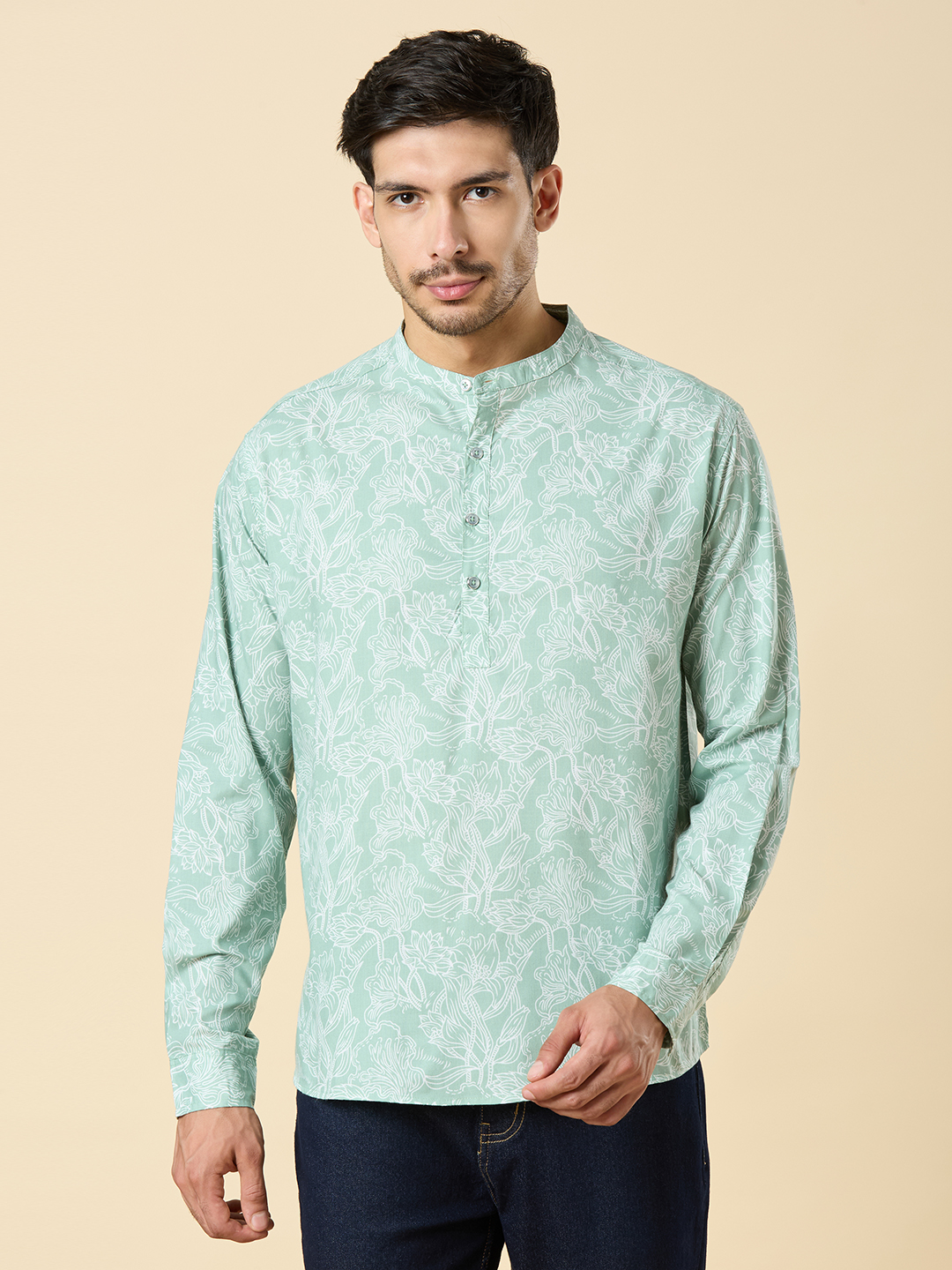 Men's Sage Green Cotton With White Floral Print Classic Short Kurta Shirt ( Regular Fit)